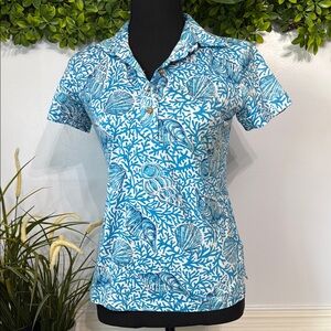NWOT Vintage Lilly Pulitzer Blue White Seashell Short Sleeve Collared Polo  XS